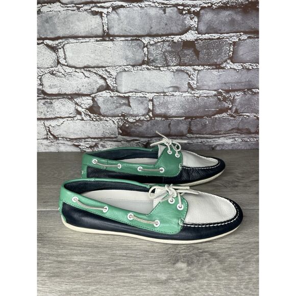 LL Bean Blue Green White Leather Preppy Loafers Boat Shoes Women Sz 9M US/39.5EU - Picture 10 of 16